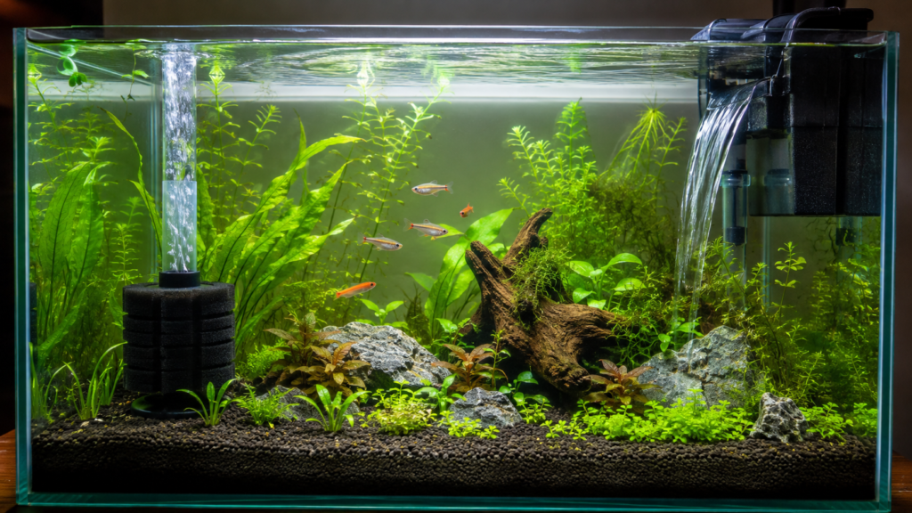 Sponge filter and hang-on-back filter side by side in a planted freshwater aquarium